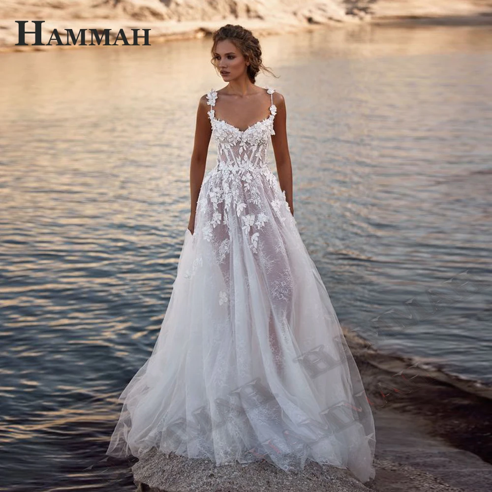 

HAMMAH Fairytale Scoop A Line Wedding Dresses For Bridal Women 2023 Bride Spaghetti Strap Lace Appliques Lacing Up Sleeveless