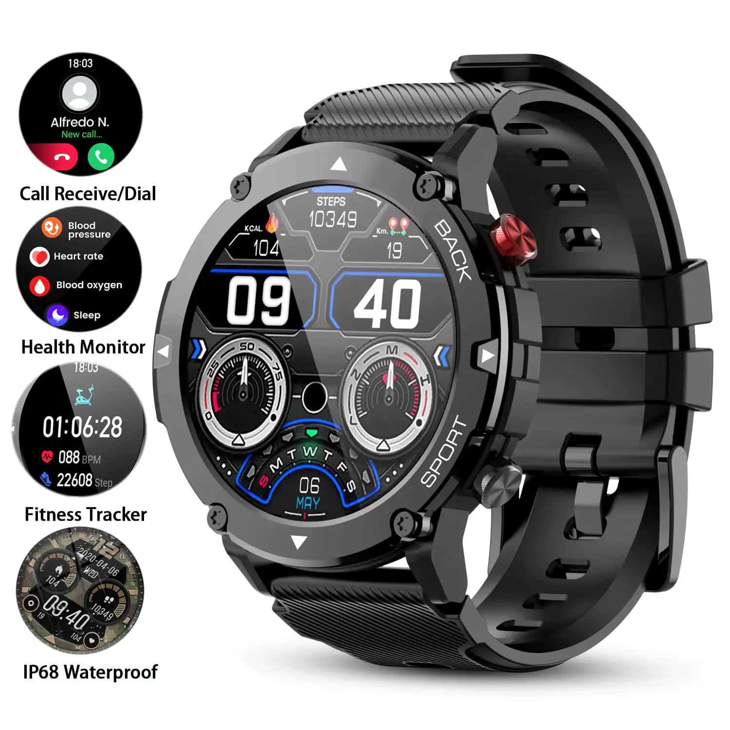 

Watches Men, Bluetooth Call Receive Dial, 1.32" IP68 Waterproof Smartwatch Phones/, Outdoor Tactical Sports Fitness Tracker w