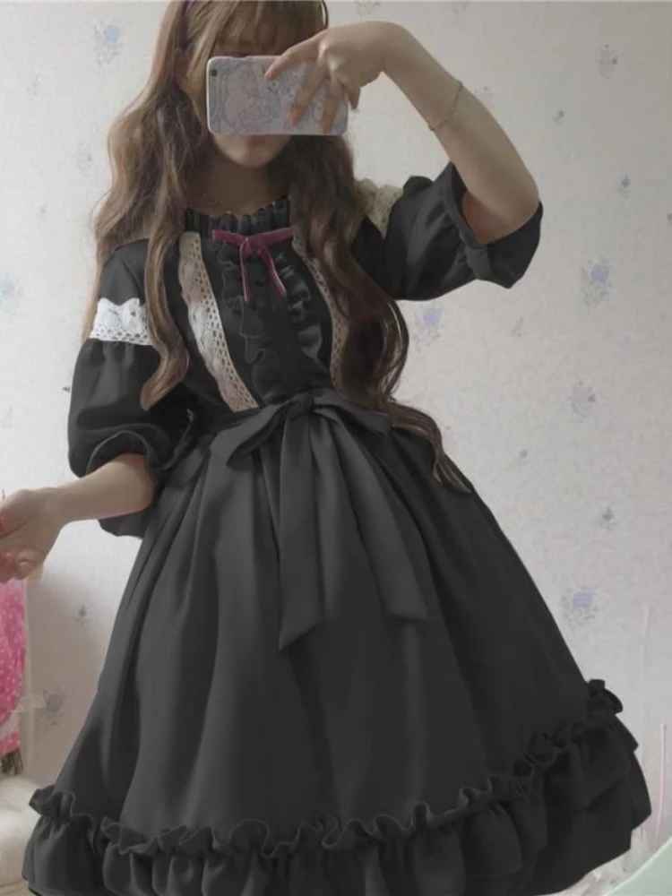 

French Gothic Lolita Vintage Dress Courtly Style Sweet Girl Op Long-sleeved Dress Provence Black Gothic Maid Lolita Dress Y2k