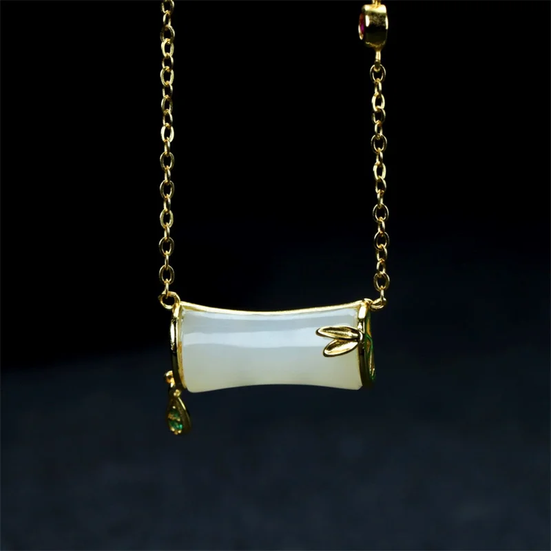 

Mai Chuang/ Silver Inlaid He Tian White Jade Bamboo Necklace Pendant Hand Carved Fashion Elegant Jewelry Men Women Couple Gift