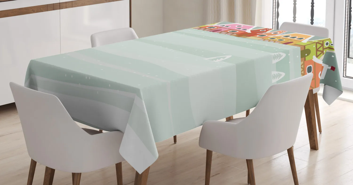 Зимняя скатерть цветные домики в стиле каракули тканевая для обеденного стола с