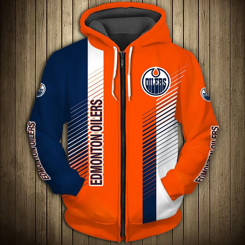 Edmonton men's Casual 3D Zipper Hoodie Orange Blue Stripes Stitching Cartoon Graffiti Print Oilers Sweatshirt