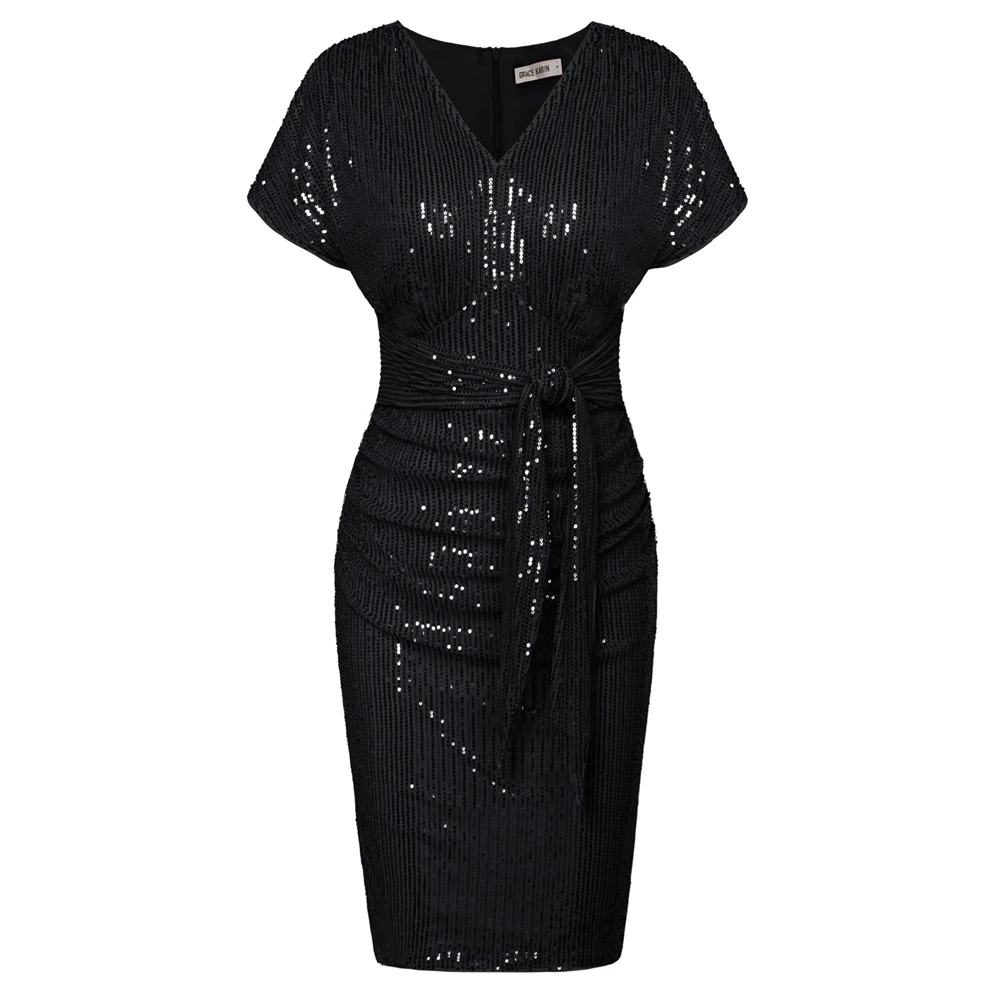 Женское облегающее платье с коротким рукавом V-образным вырезом и рюшами