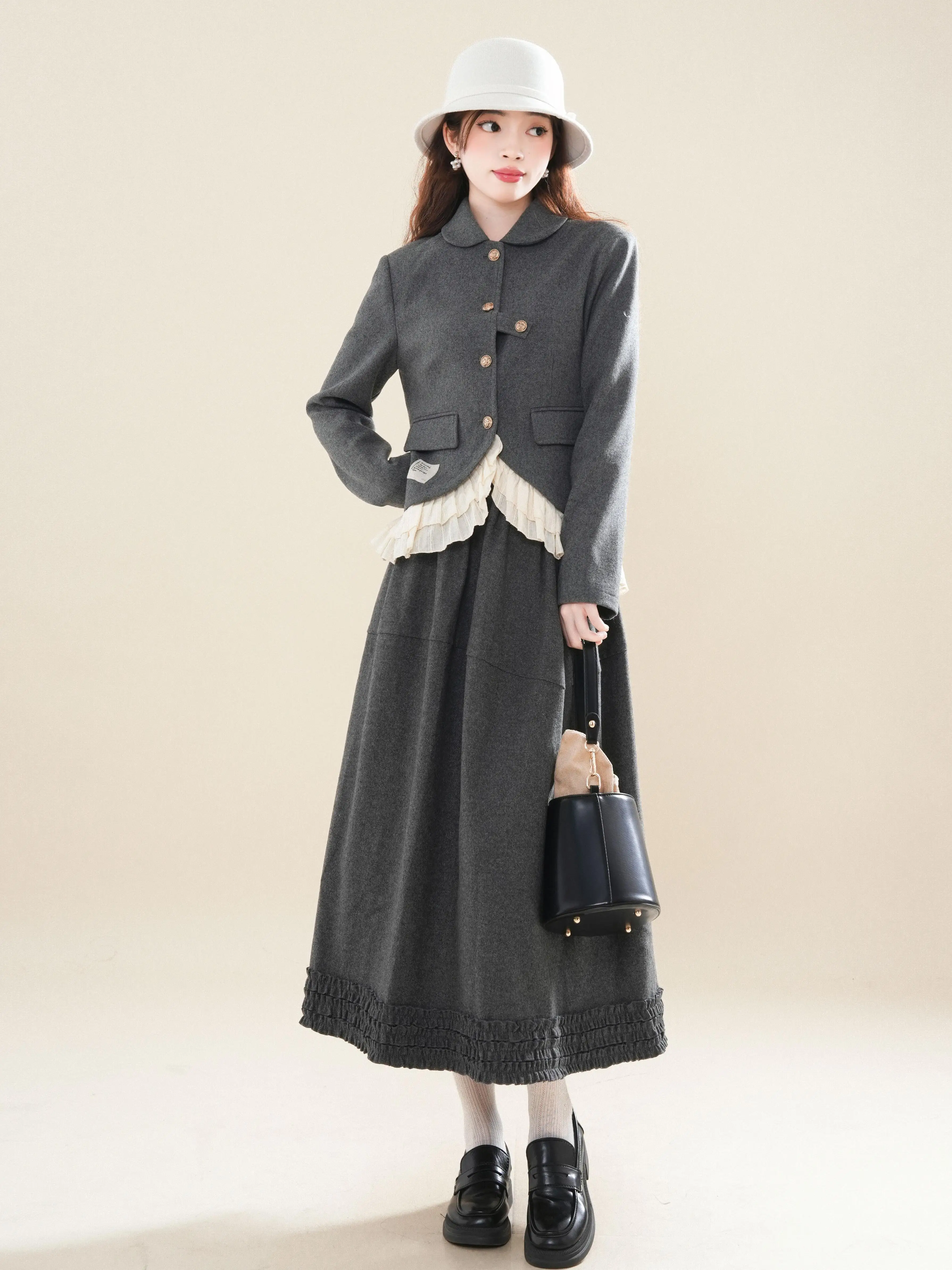 Cocoa Forest Water Moon-Free Japan fashion Yamamoto Sle Gray Patchwork Lotus Leaf Lace Outerwear Skirt sets Women Autumn