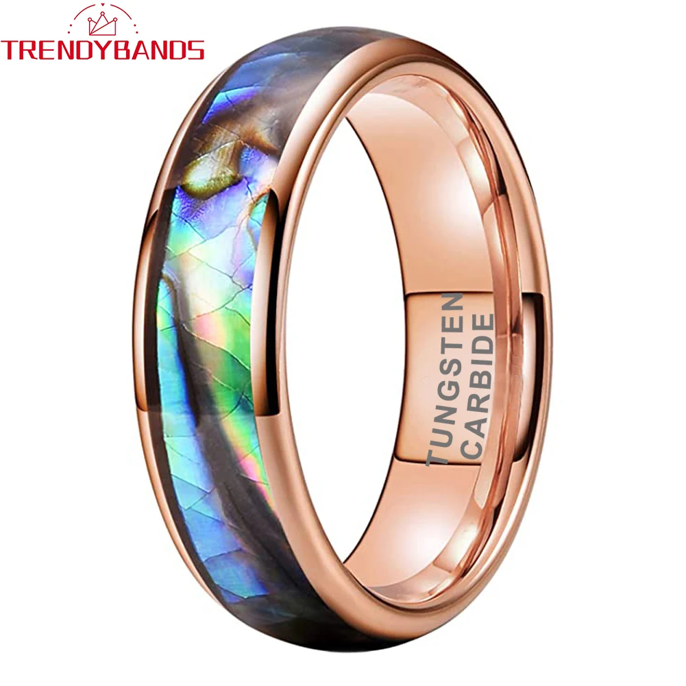 

6mm 8mm Tungsten Carbide Wedding Ring Engagement Band for Women Men Abalone Shell Inlay Domed Polished Shiny