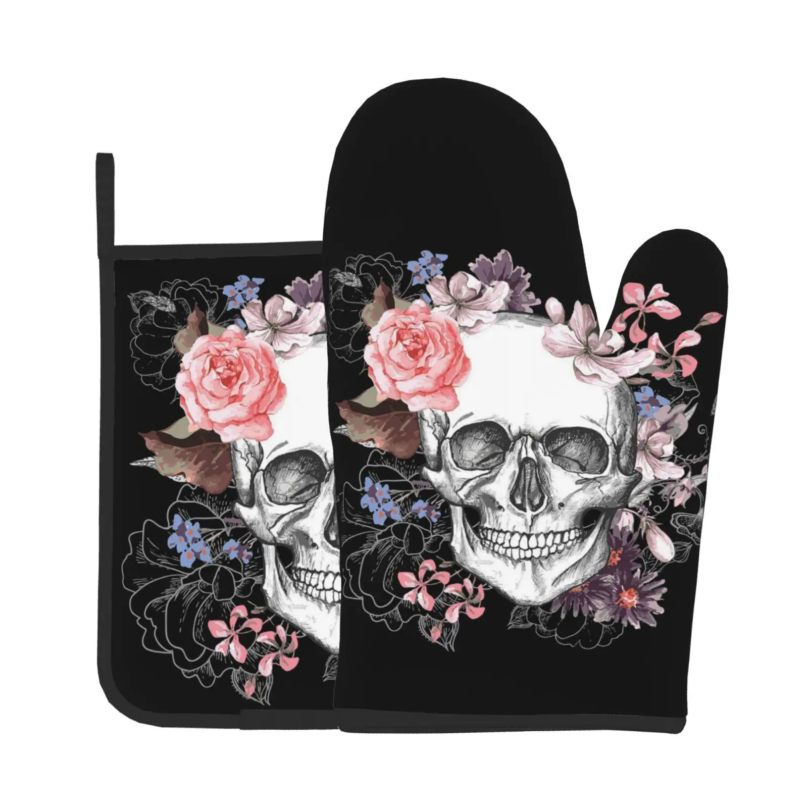 

Skull Floral Sugar Skull Flower Oven Mitt and Pot Holders Sets Waterproof Heat Resistant Oven Gloves for Kitchen Cooking Baking