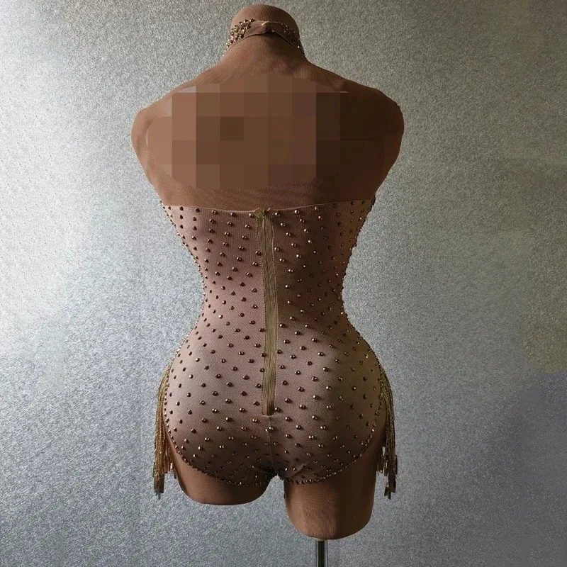 Полностью золотистое боди сексуальная одежда с бахромой большими камнями