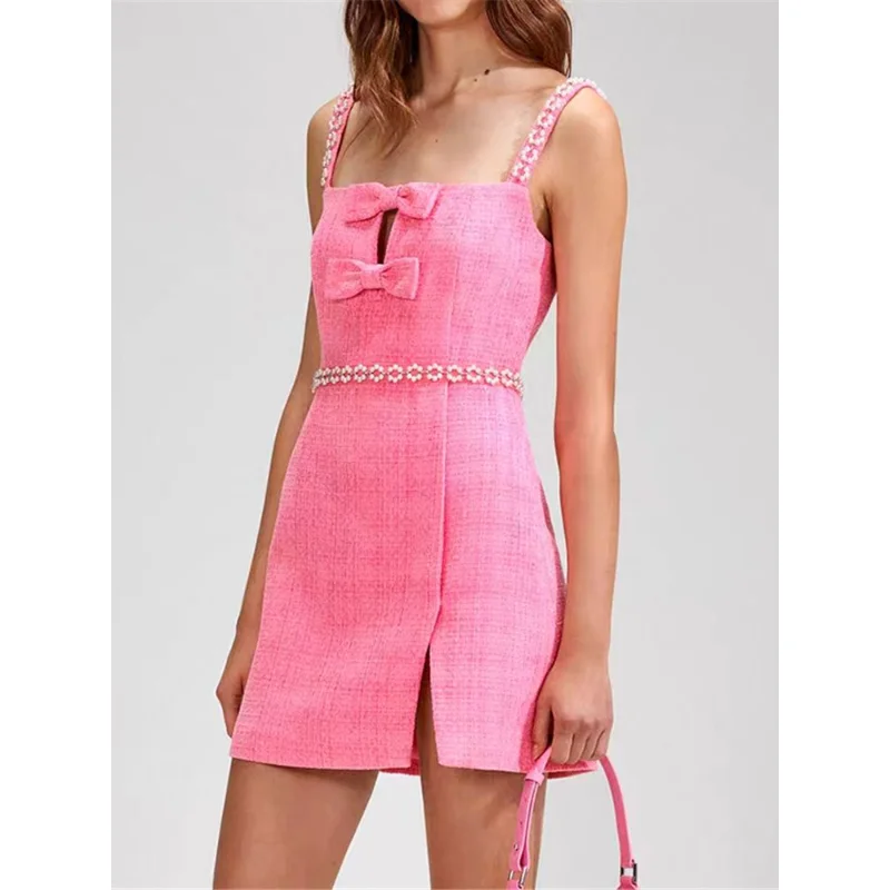 

Женское твидовое мини-платье на бретельках, розовое облегающее пикантное короткое платье без рукавов с жемчужной отделкой, универсальная одежда, весна-лето 2023