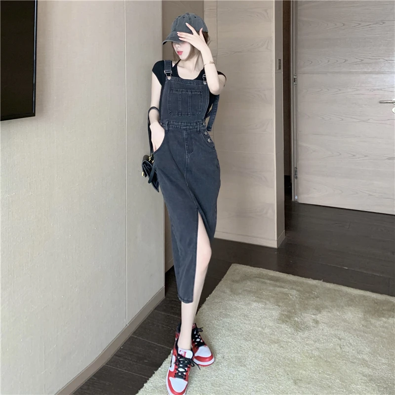 

В Корейском стиле; Модные джинсы для детей платье на бретелях для женщин 2021 летняя уличная подростков из джинсовой ткани в винтажном стиле, женская одежда, вечерние Разделение ноги платья