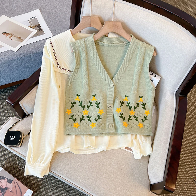 Осенний вязаный жилет Bomon с цветочной вышивкой модель 2024 года нежный милый