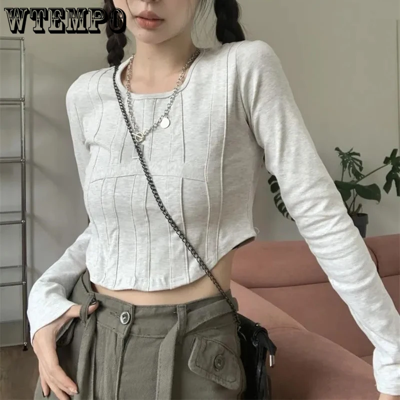 

WTEMPO Vintage Fishbone Pattern Long Sleeve T-Shirts Women New Fall Sexy Slim Cropped Tops Fahion Casual Black Gray Short Shirts