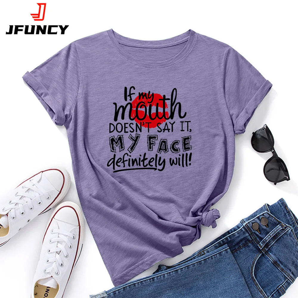 JFUNCY Funny Letter Printed Women's T-shirts Woman Tops Female Short Sleeve Tee Shirts 2022 Summer Cotton Tshirt Ladies Clothes