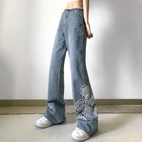 vintage tassel low waist blue flare jeans women sexy hollow out flower embroidery jeans y2k fashion loose bellbottom denim pants