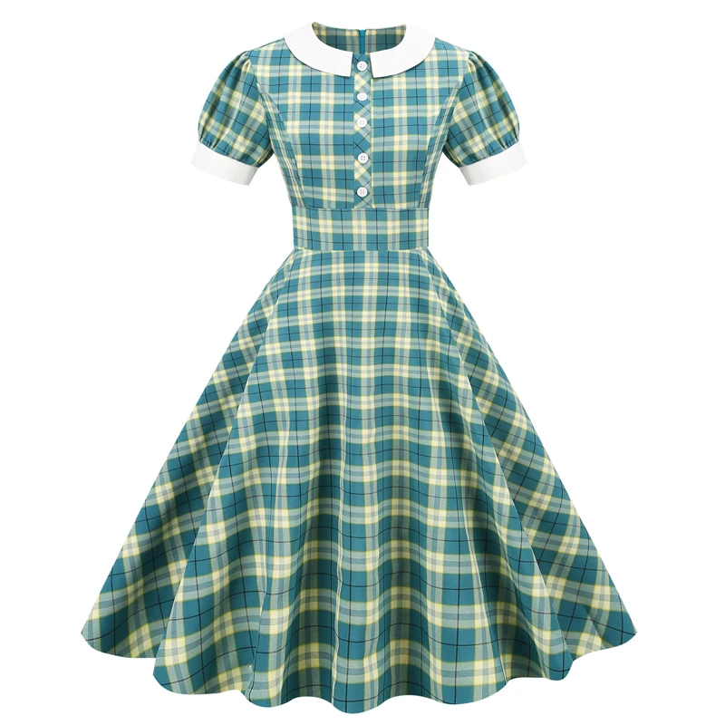 

Summer Fashion Women Short Sleeve Peter Pan Callor Button Green Plaid Printed Casual Party Vintage Retro Skater dress