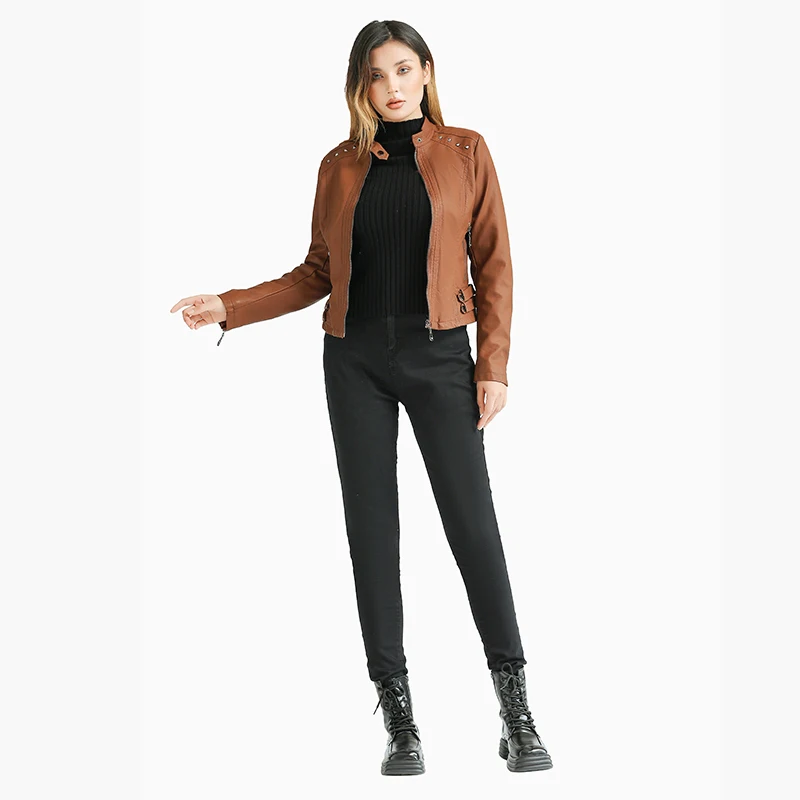 SANTELON Autumn Faux  PU Leather Jackets For Women Coats With Velvet Fashion Soft Rivets Design Long Sleeve Casual Outwear