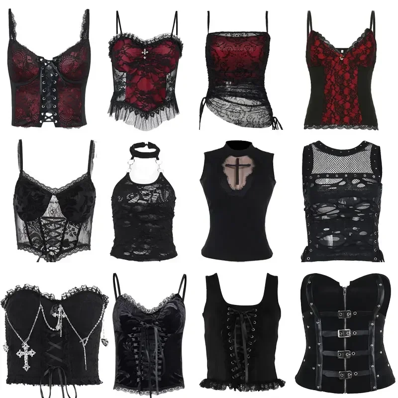 Gothic Crop Tops Black Lace Mesh Tanks 2025 New Y2K Goth Punk Grunge Fairy Core Sexy Halloween 2000s Women Clothing