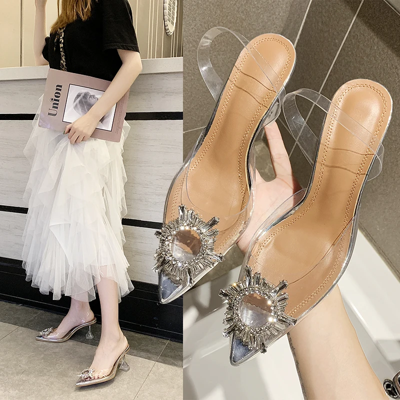 

2022 New Summer New Women's Silver Shoes Rhinestone Pointed Toe Ankle Strap Wedding Shoes Women's High Heel Sandals