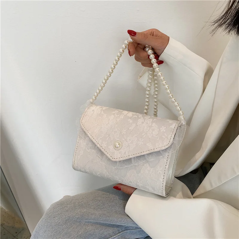 

Bag Women 2022 New Fairy Gentle Wind Pearl Chain Hand-Held Messenger Bag Lace Handbag Small Bag