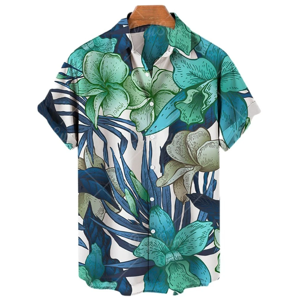 Summer Men's Hawaiian Style Botanical Print Short Sleeve Button Down Casual Loose Shirt Unisex Fashion Beach Breathable Shirt