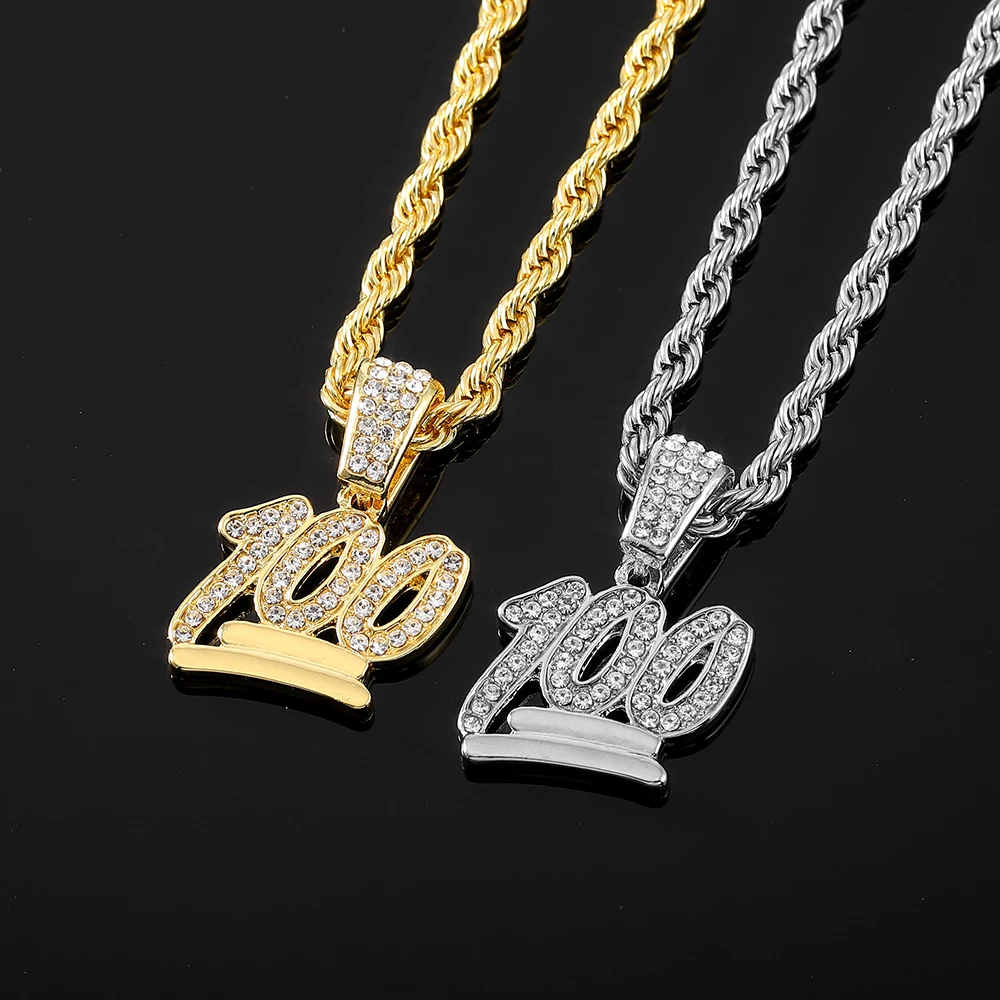 100 Letter Iced Out Men Chain Pendant Necklace With 4mm Cz Tennis Cuban Link Chain Necklace for Men Women cadenas para hombre