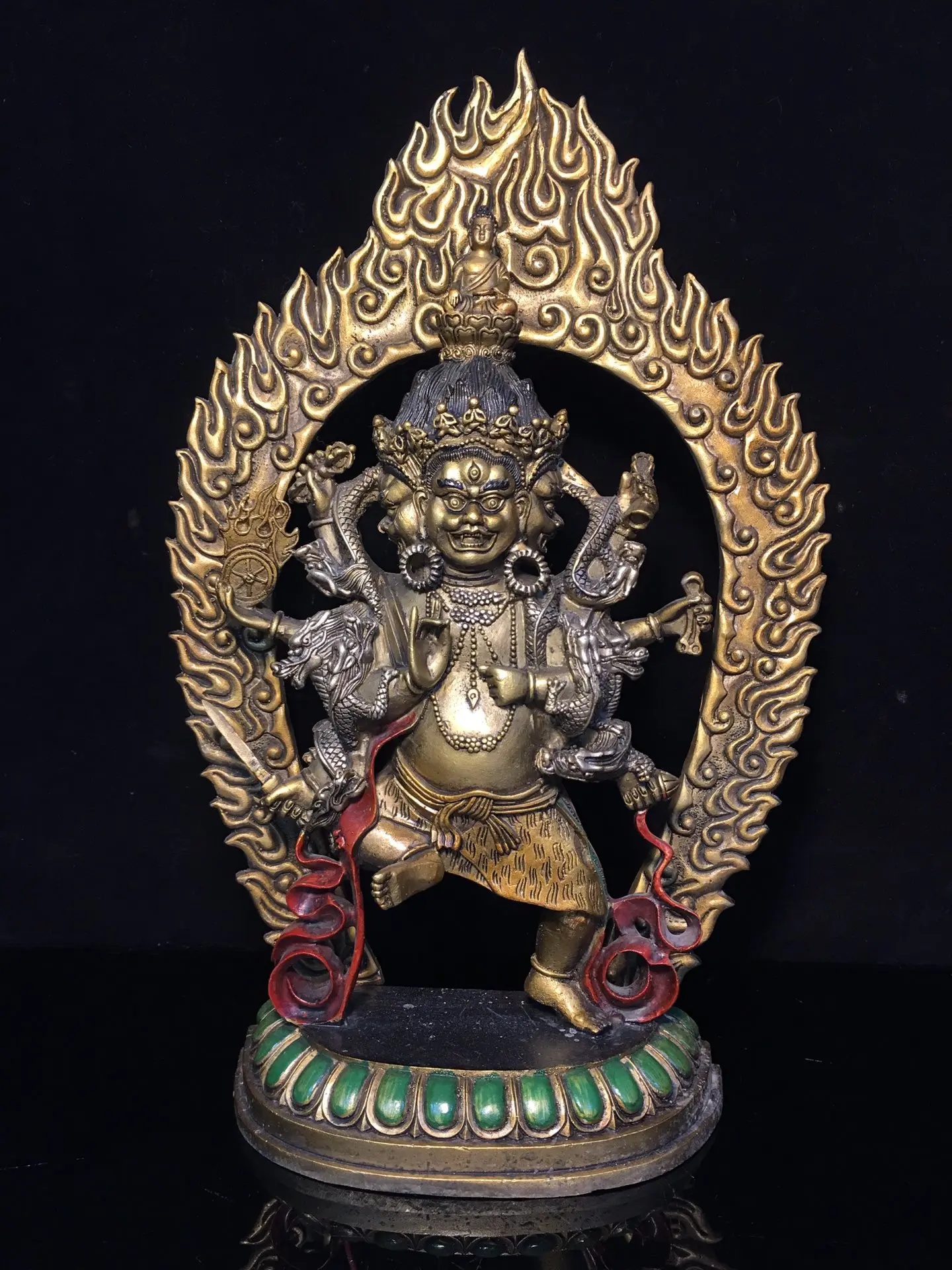 

13"Tibetan Temple Collection Old Bronze painted Unclean King Kong three heads eight arms Mahakala Backlight worship buddha