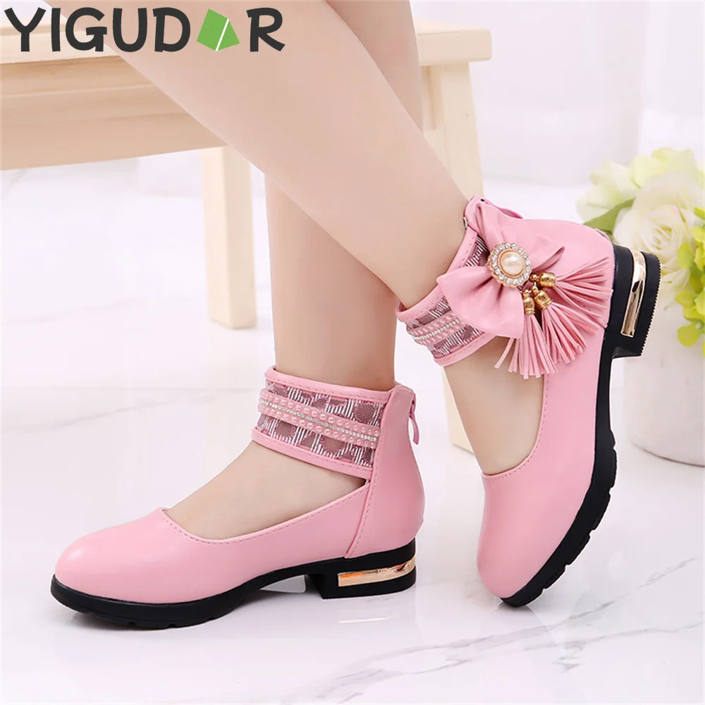 

Girls Mary Janes 2023 Children Bow Pearls Tassels Low Heels Round-toe Shallow Kids Leather Shoes for Party Wedding Versatile New