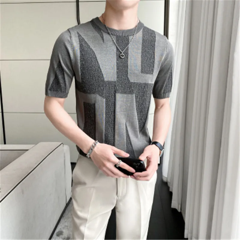 

Summer T-shirt Men Short Sleeve Breathable Knitting Top Contrast Color Slim Fit T shirt for Male Camisetas y2k Streetwear Club
