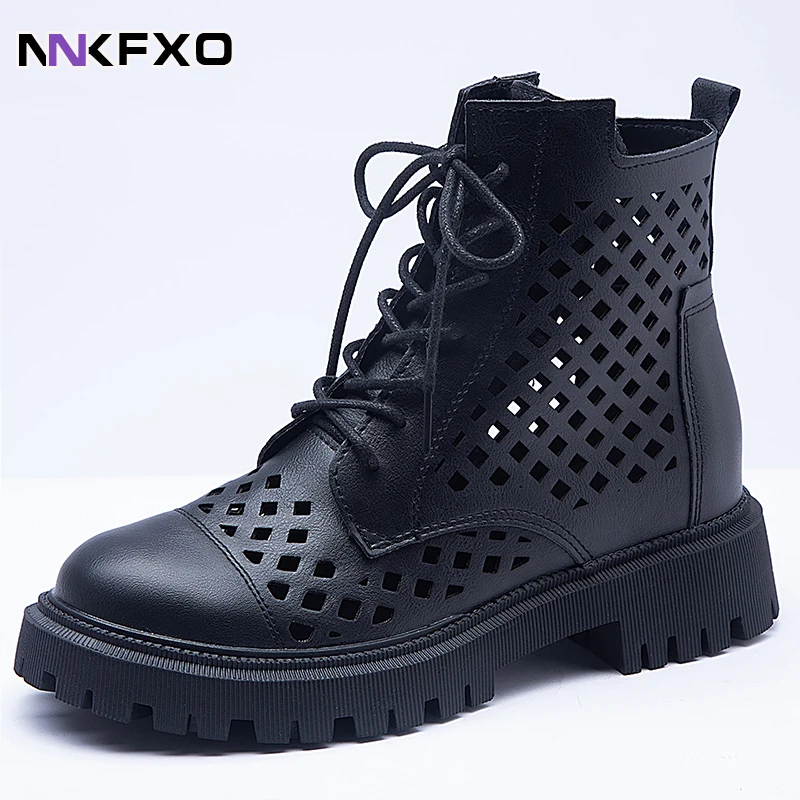 

Крутые сапоги для женщин 2022 Летние кожаные сетчатые сапоги в британском стиле с отверстиями женские сетчатые сапоги на толстом каблуке для ...