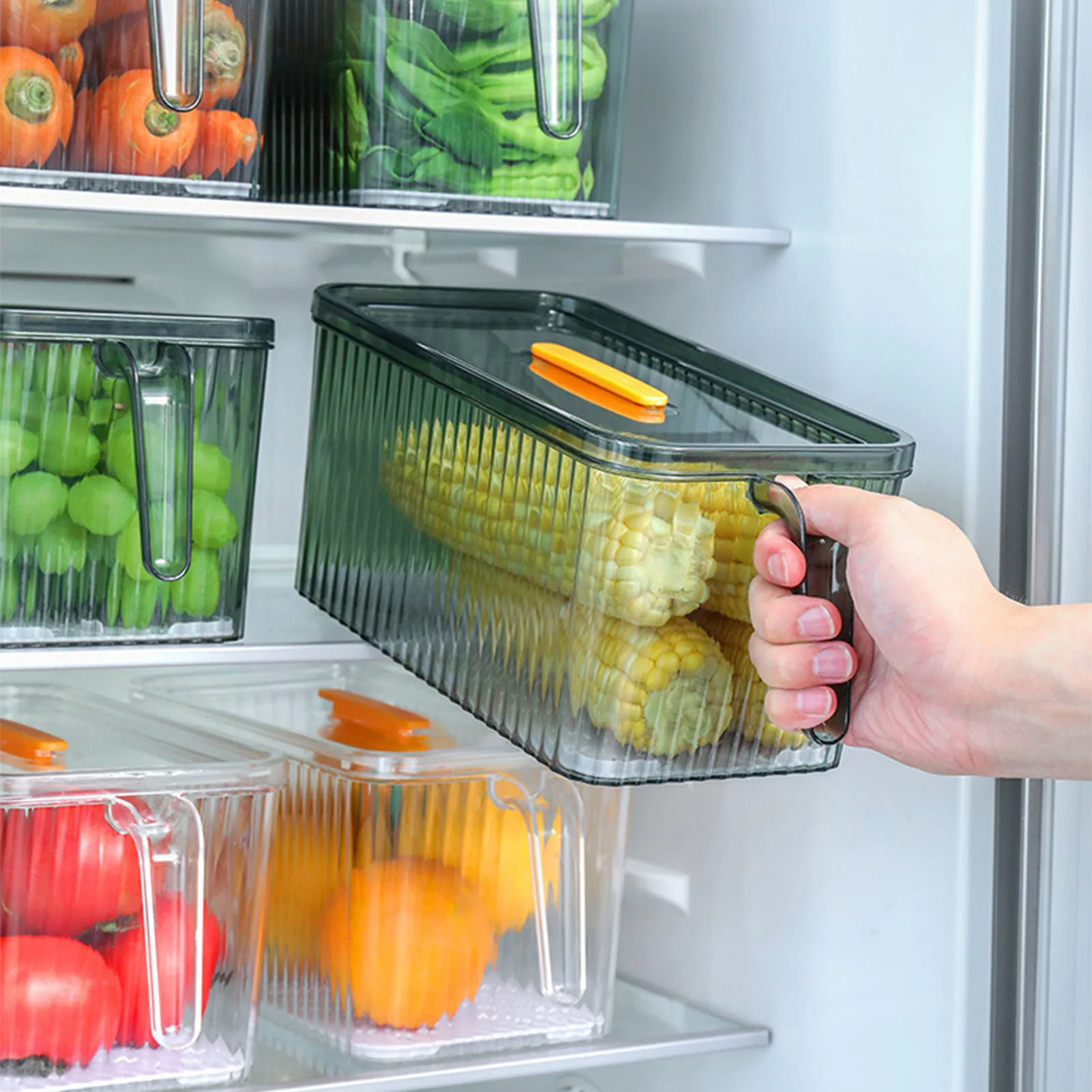 

Refrigerator Storage Box Transparent Plastic Fruits Vegetables Food Container Crisper With Handle Stackable Kitchen Organizer