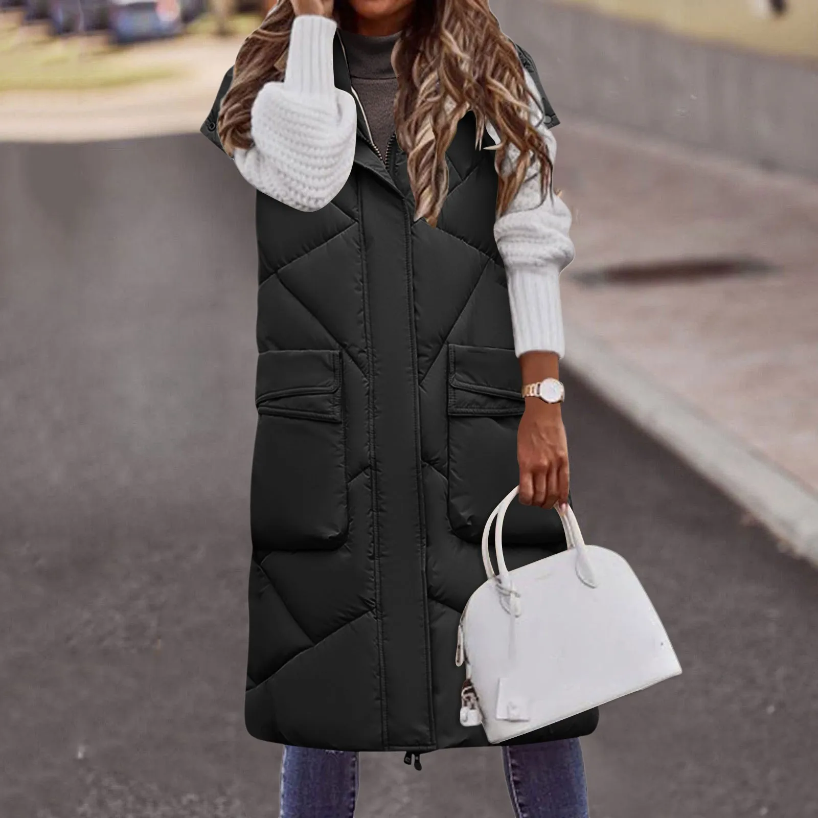 

Oversized Down Vests Women's Outdoor Hooded Long Puffy Tanks Winter Sleeveless Insulated Jackets Outwear