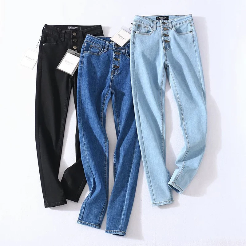 

Autumn Women's Pants Jeans Triple Breasted High Waist Trousers Solid Color Skinny Denim Pants Korean Fashion Women Clothing