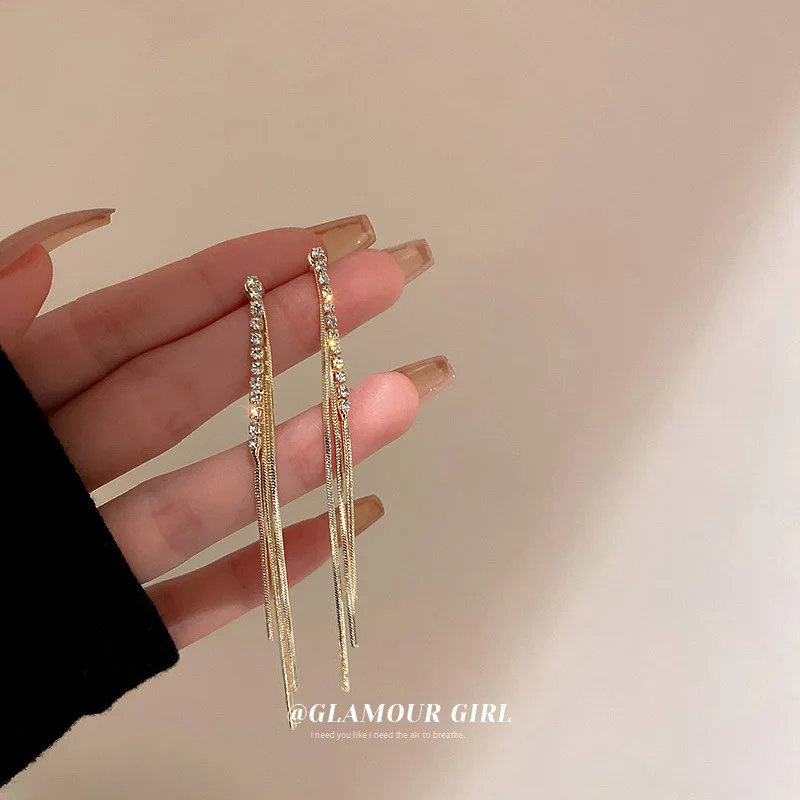 

New Style Tassel With Rhinestone Ladies Long Earrings Korea Golden Simplicity Long Chain Earrings Earrings Wedding Jewelry