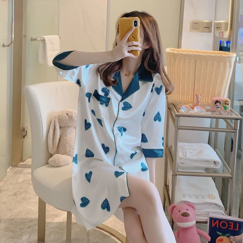 

Женские Простые Шелковые Удобные ночные рубашки с отложным воротником и рукавом до локтя для девушек милые модные свободные рубашки для сна в Корейском стиле