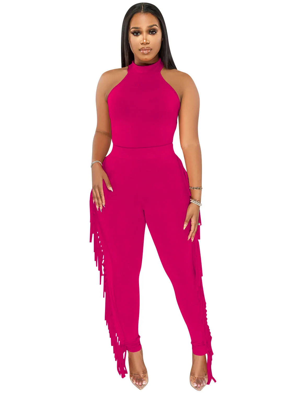 

Новинка, облегающий комплект из двух предметов, женский стиль, длинные брюки, кисточки, черный, белый, синий, сексуальный костюм для ночного клуба Вечерние