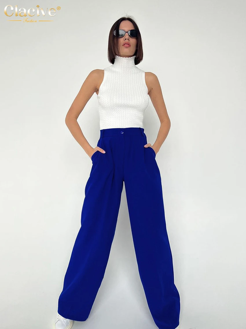 

Clacive Fashion Blue Straight Trousers Ladies Casual Loose High Waist Office Pants Elegant Pleated Summer Pants For Women 2022