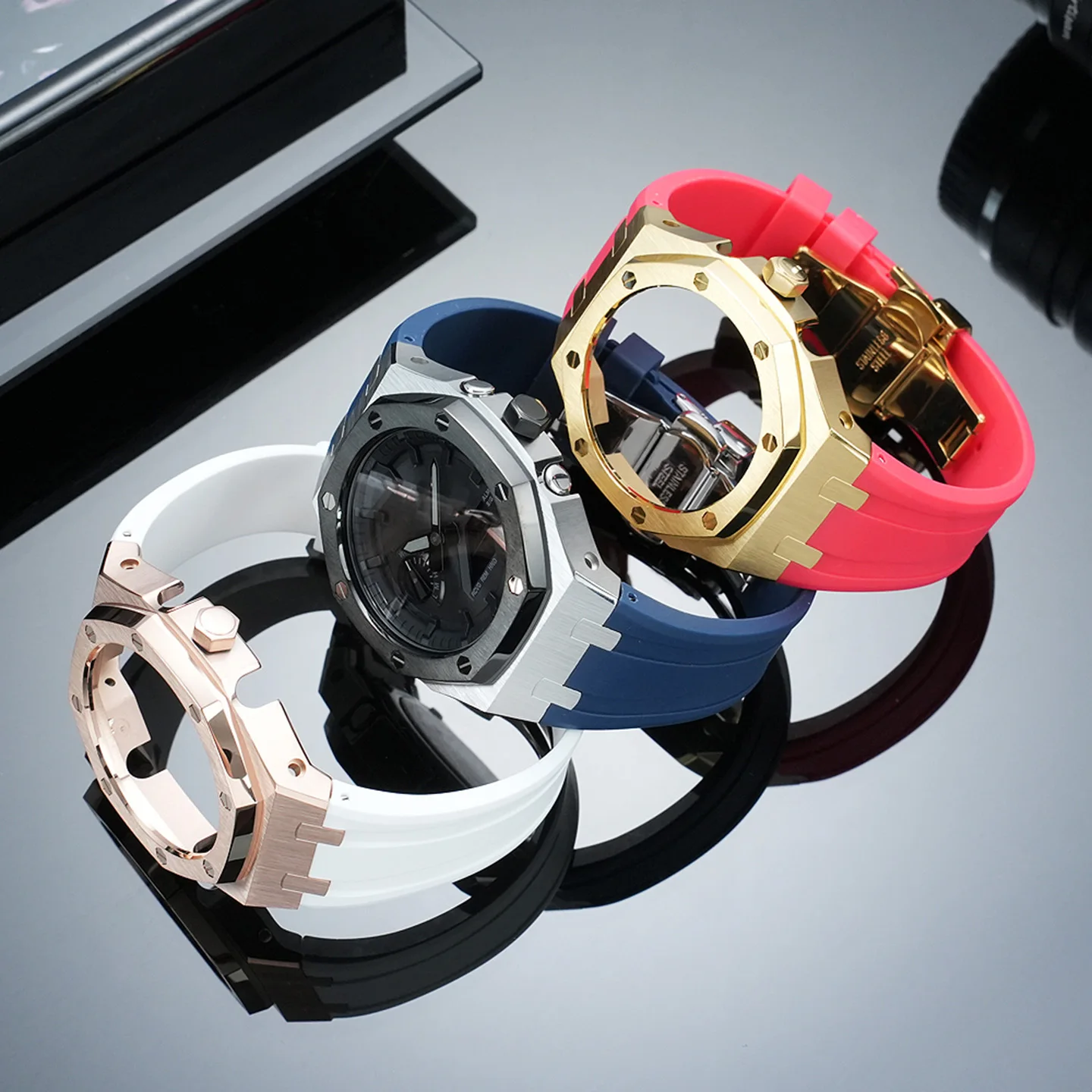 Фото Комплект для модификации GM2100: стальной корпус и ремешок для Casio GA-2100/2110/B2100, модифицированный резиновый ремешок, металлический безель, запасные части. №3