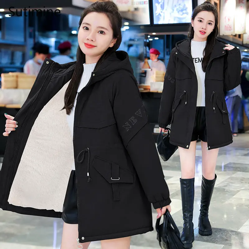 Winter Clothes Women Office Lady Pockets Women's Loose Embroidered Cotton Padded Jacket with Velvet Hooded Bandage Coat Women