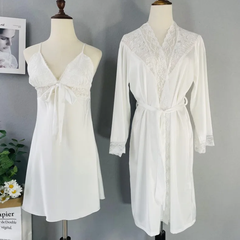 Комплект женский кружевной из 2 предметов пикантный халат с бантом нижнее белье