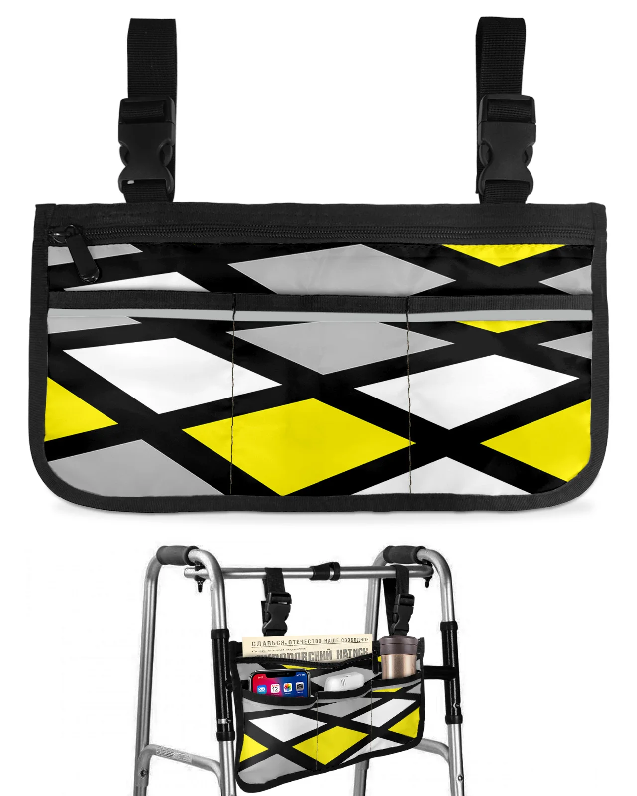 

Yellow Black Grey Geometric Square Wheelchair Bag With Pockets Armrest Side Bags Electric Scooter Walking Frame Storage Pouch