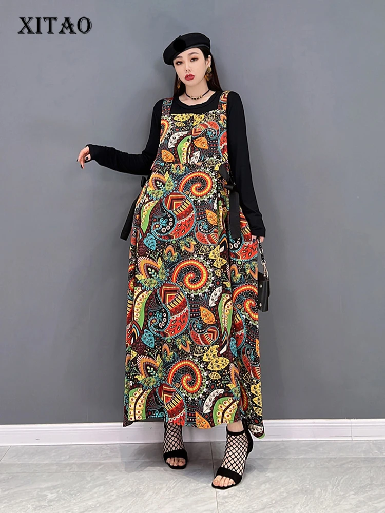

XITAO Vintage Print Camisole Dress Loose Fashion Bandage Bow Square Collar Casual Contrast Color New Dress 2022 WMD5601