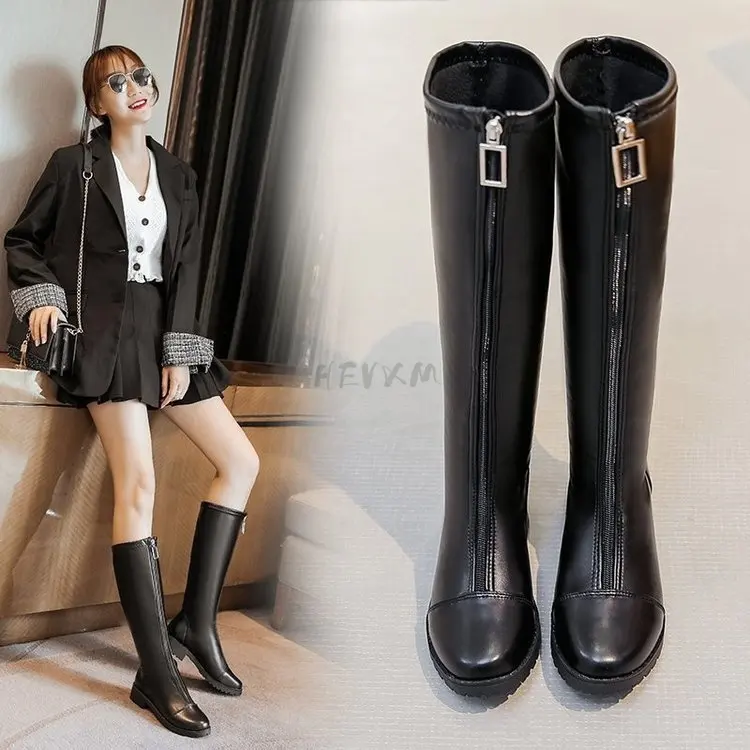 

Boots Knight New Over-the-knee Women's Boots Soft Leather Autumn and Winter Round Head Front Zipper All-match Fashion High Boots