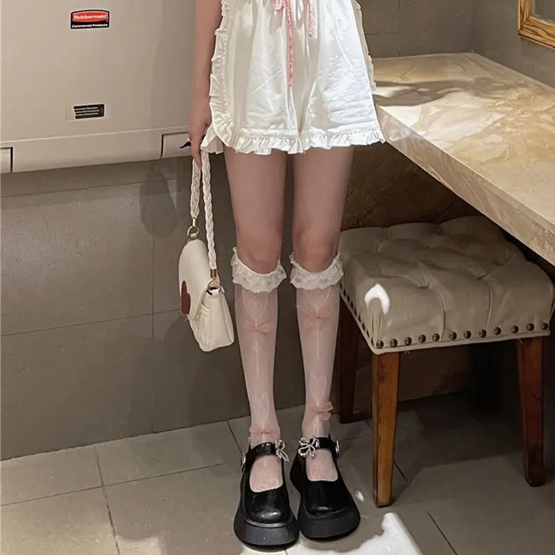 Lolita JK Love Bow Lolita Lace Long Socks Calf Jk Socks Female Summer Lace Socks Harajuku Accessories Knee High JK Socks