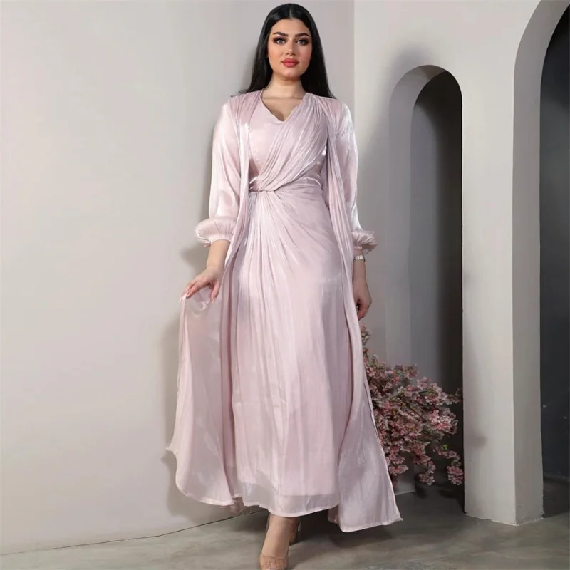 Fashion Muslim Two Pieces Abaya Dress Set Chic Bright Silk Soft Satin Dubai Turkey Arab Wrap Robe Corban Eid Al Adha