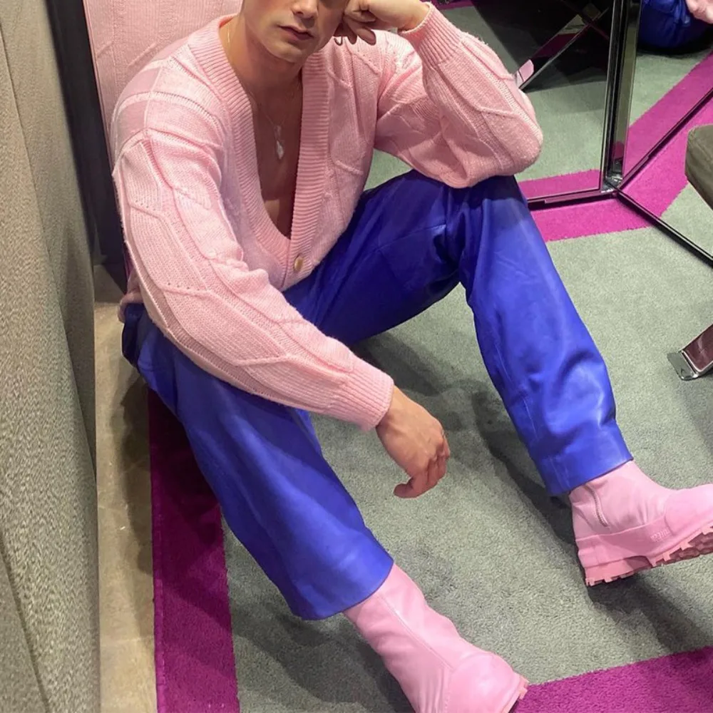 Повседневный свободный розовый свитер кардиган мужские трикотажные куртки