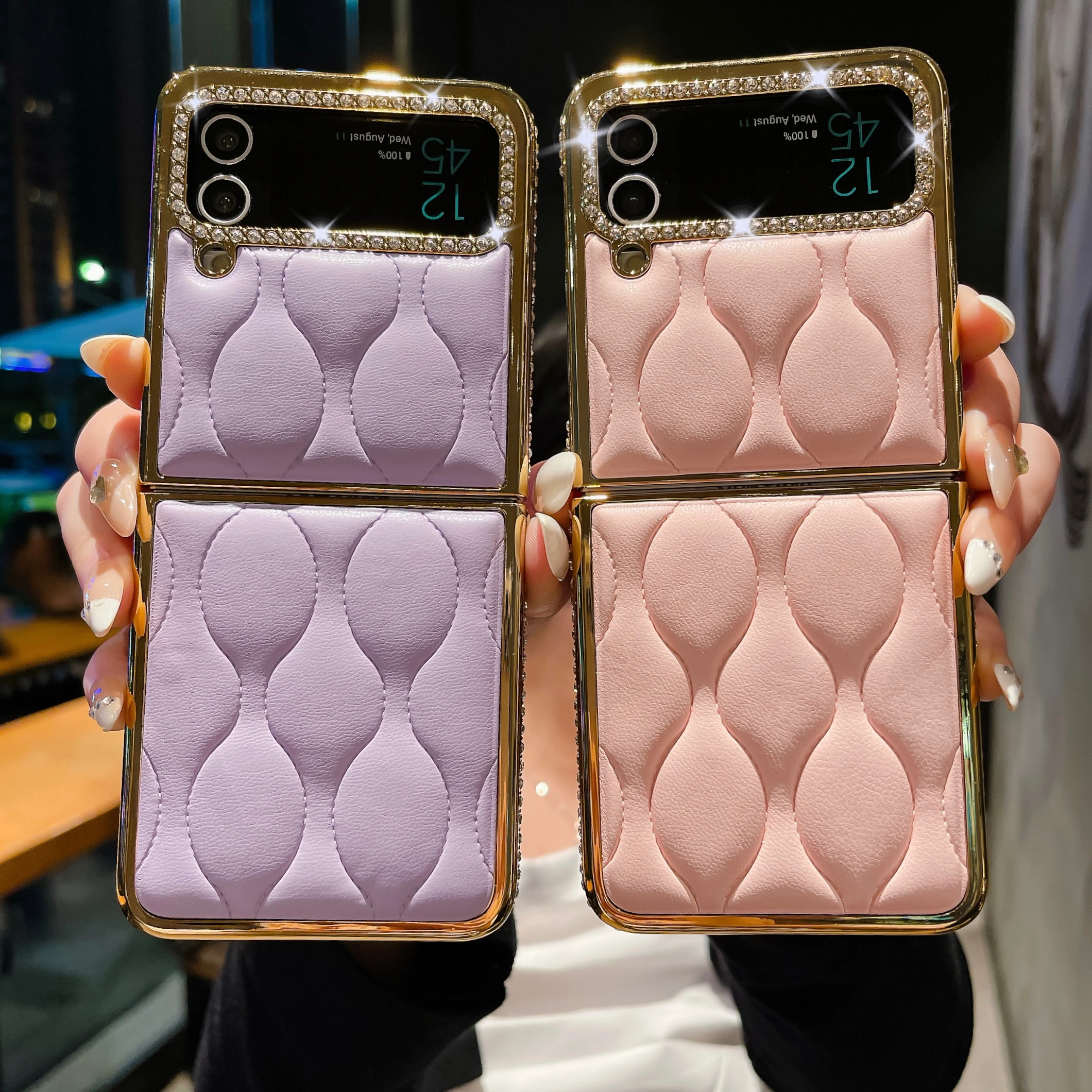 

Luxury Leather Case For Samsung Galaxy Z Flip 4 Flip 3 5G Case Shockproof Plating Diamond-set Lens Ring Case For Z Flip3 Flip4