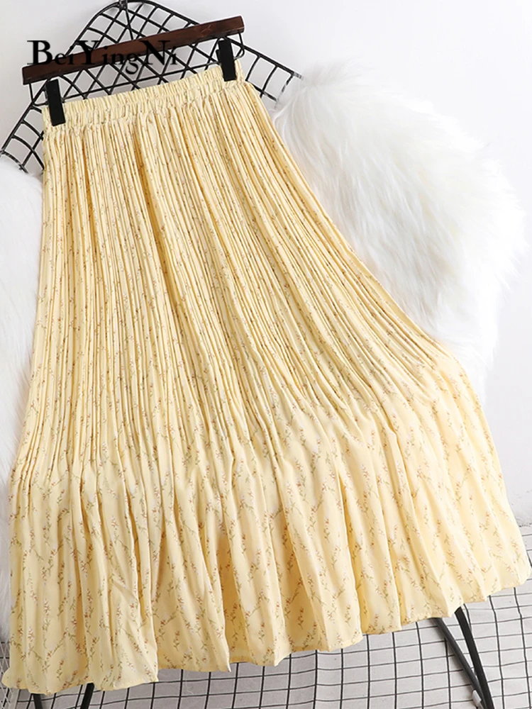 

Beiyingni Korean Fashion Pleated Skirts for Womans 2022 Summer Floral Print Leisure Chiffon Lining Midi Skirt Women Black Saias