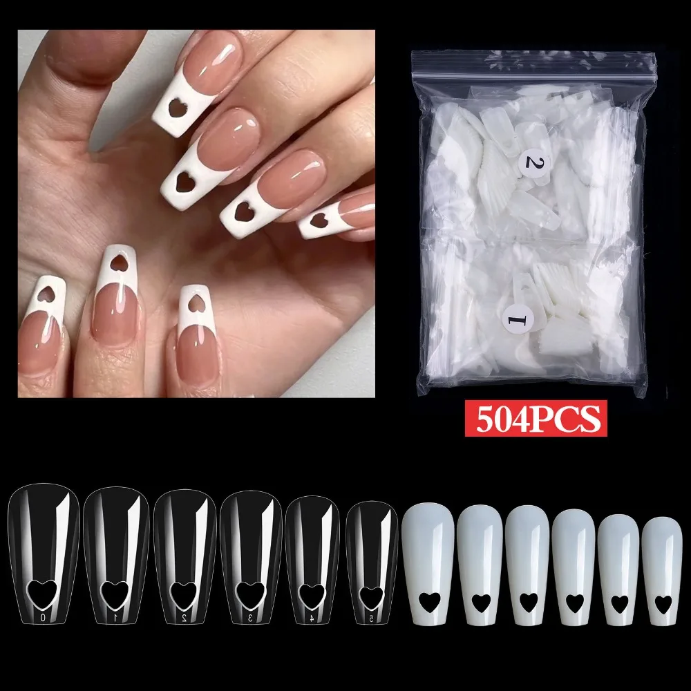 

504Pcs Artificial Plastic False Nails Tips Hollow Love Heart Natural Clear Hand Fake Nails Art T Coffin Manicure Decorations