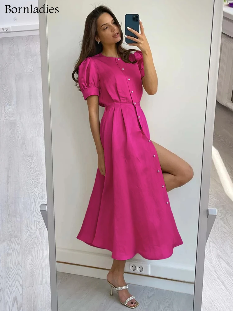 

Bornladies Rose Red Robe Office Summer O-Neck Lantern Sleeve Pearls Button Midi Dress Elegant Party A-Line Fit Flare Dress Women