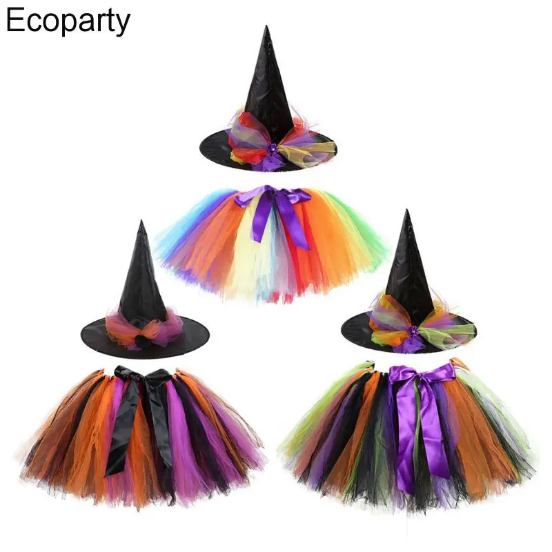 

Parent-Child Women Girls Tutu Skirt with Witch Hat Rainbow Colorblock Tulle Bowknot Pettiskirt Party Cosplay Halloween Outfits30