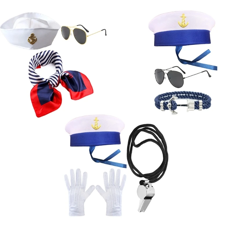

Elegant Sailor Hat Adult Halloween Sailor Hats & Sunglasses & Whistle Set Teenagers Male Woman Halloween Cosplay Costume D5QB